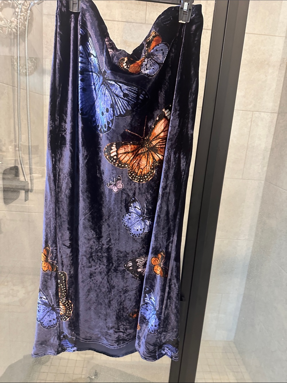 Anthropologie Navy Velvet Midi Dress with Blue & Orange Butterfly Motif